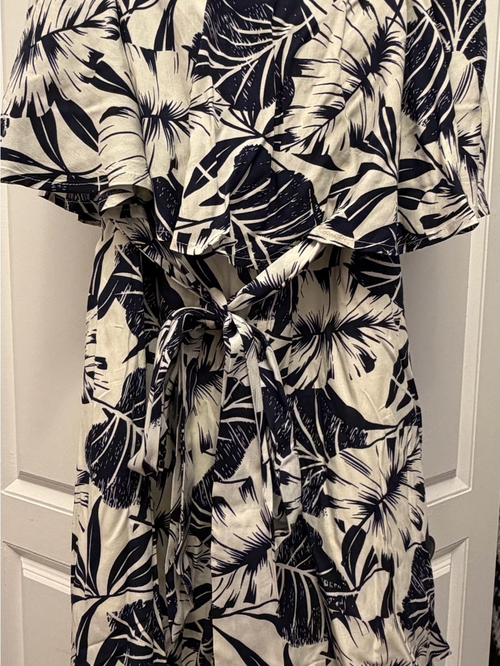 Pink Lily Navy and Cream Tropical Print Strapless Romper